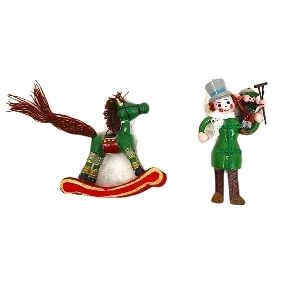 Set of 2 Vintage Russ Berrie Christmas Toy Horse and Doll Holidays Ornaments